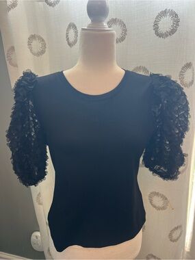 Flat white Black Short-Sleeve Top with Textured Puff Sleeves